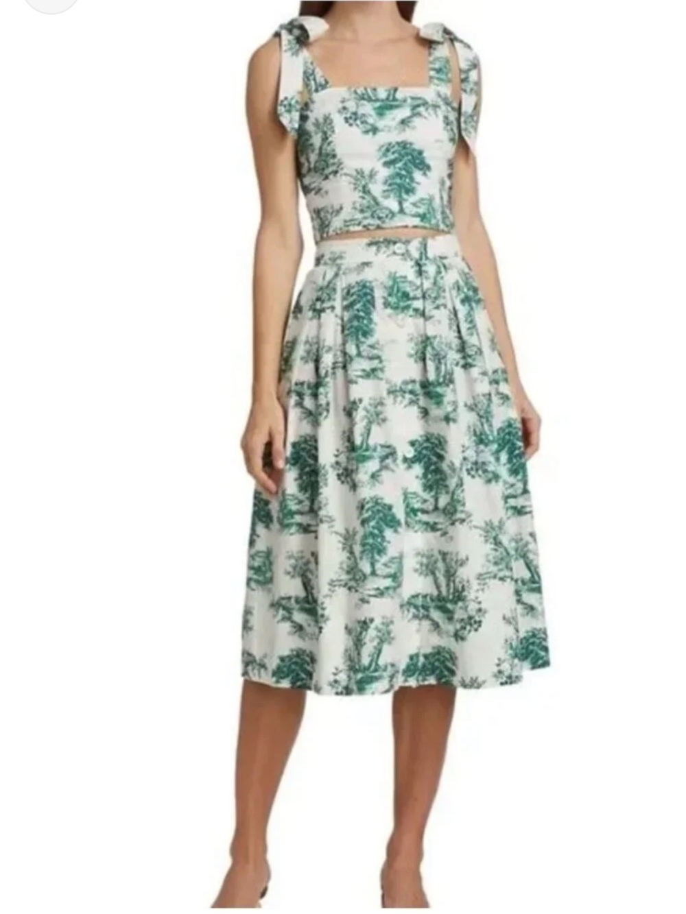 Cara Cara Green Toile Print Two-Piece Set - Tie Strap Crop Top & Button Skirt